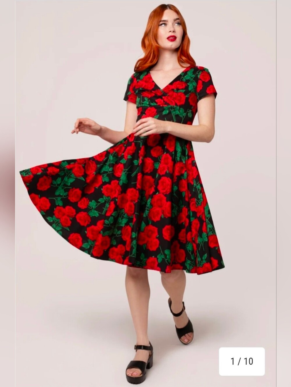 Hell Bunny Black Midi Dress with Red Rose Print - Size 2XL